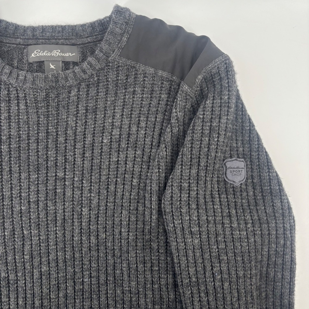 Eddie Bauer Sweater Mens L Gray Ribbed Wool Blend Shoulder Overlay Sport Shop